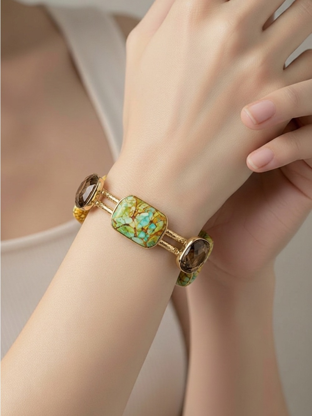 Bangle, Gold-Tone Turquoise Mosaic Stone Bracelet